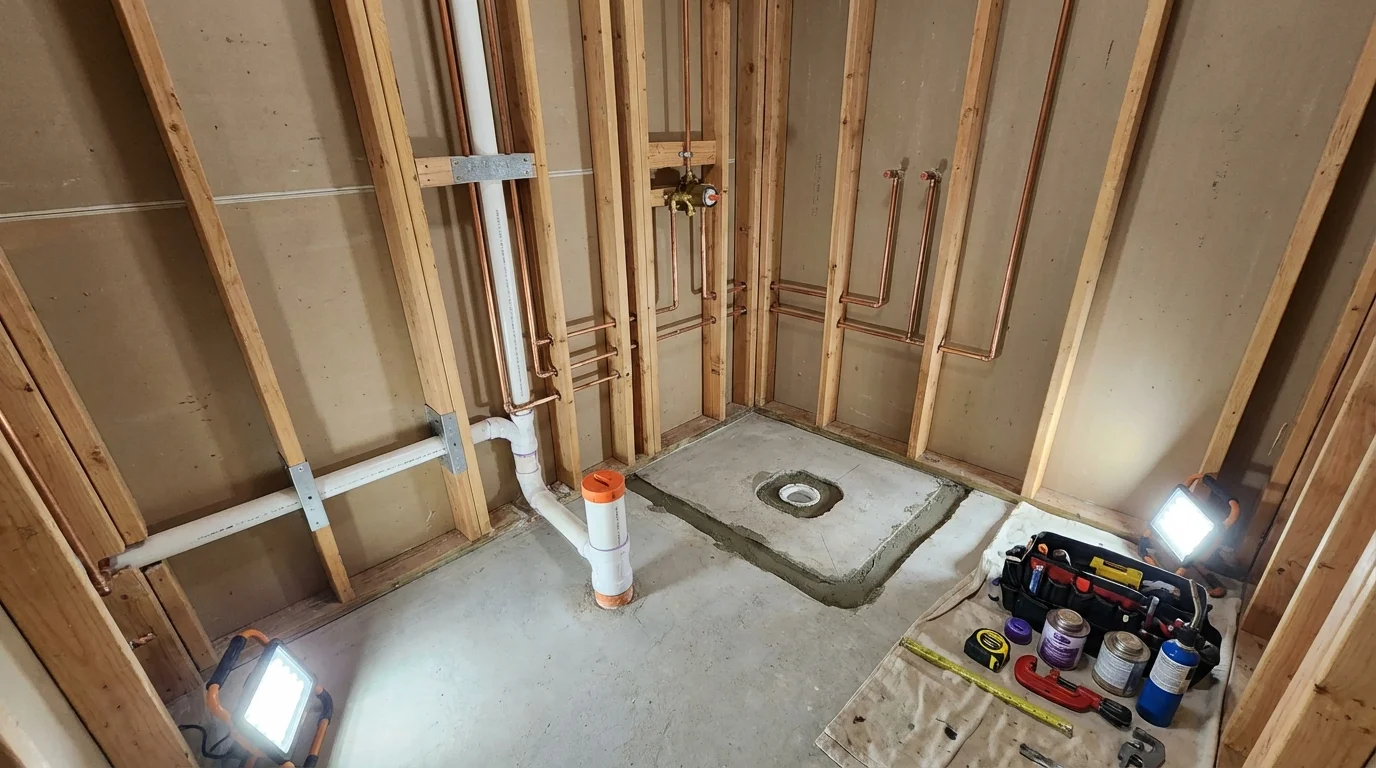 Bathroom rough-in plumbing during remodel by Johns Plumbing LLC in Cabin John