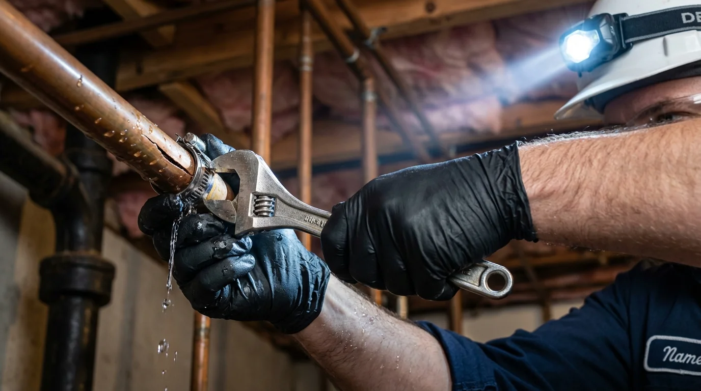Emergency pipe clamp repair being performed by a Johns Plumbing LLC plumber in Cabin John