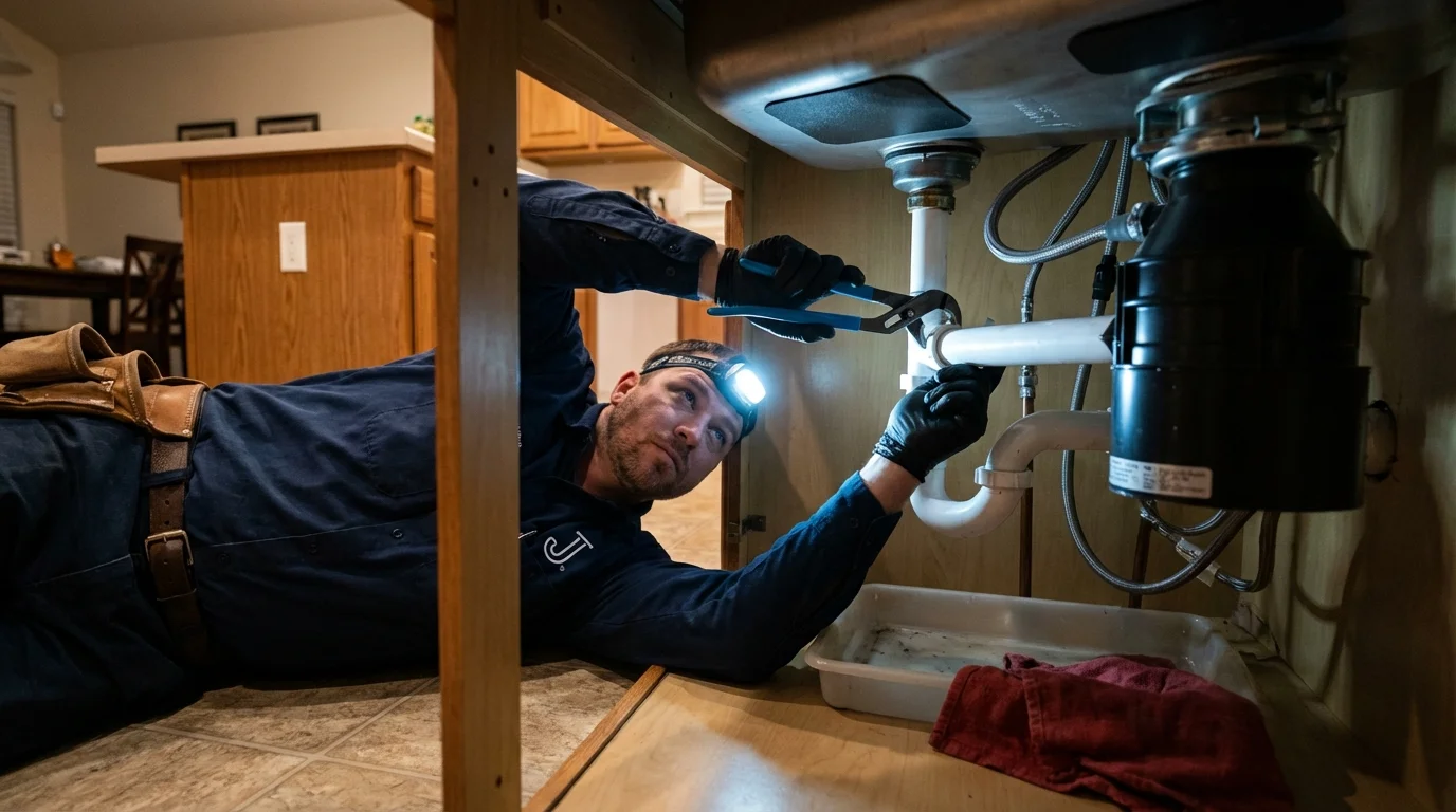 P-trap and supply line connections under a kitchen sink showing a common leak point in Cabin John, MD